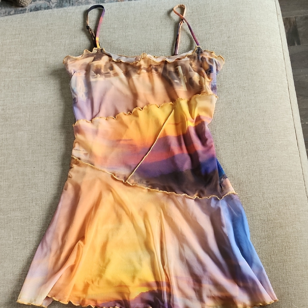 Urban Outfitters Sunset Tie-Dye Mini Dress in Yellow, Purple, Blue